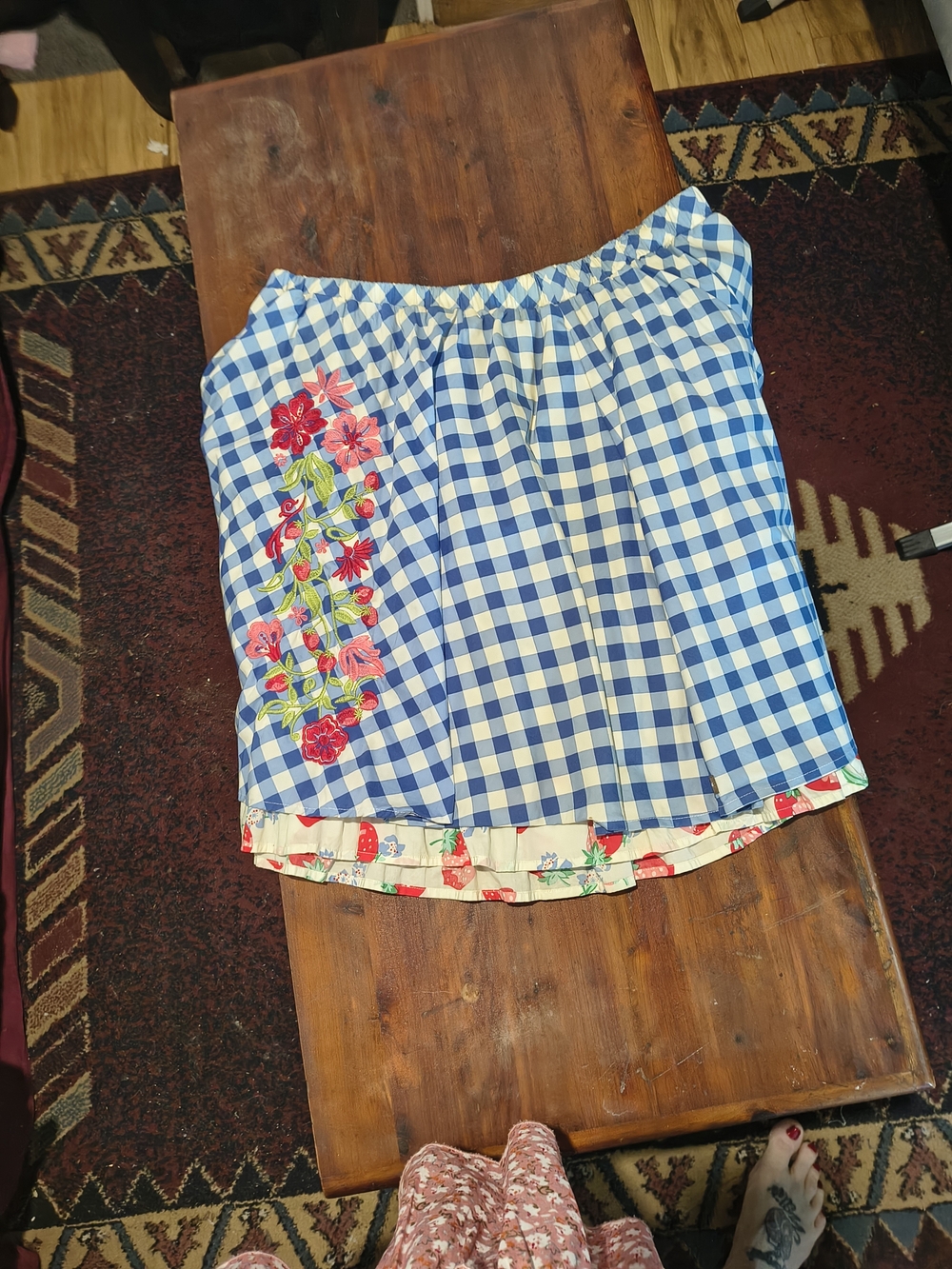 Blue Gingham Floral Embroidered Women's Skirt